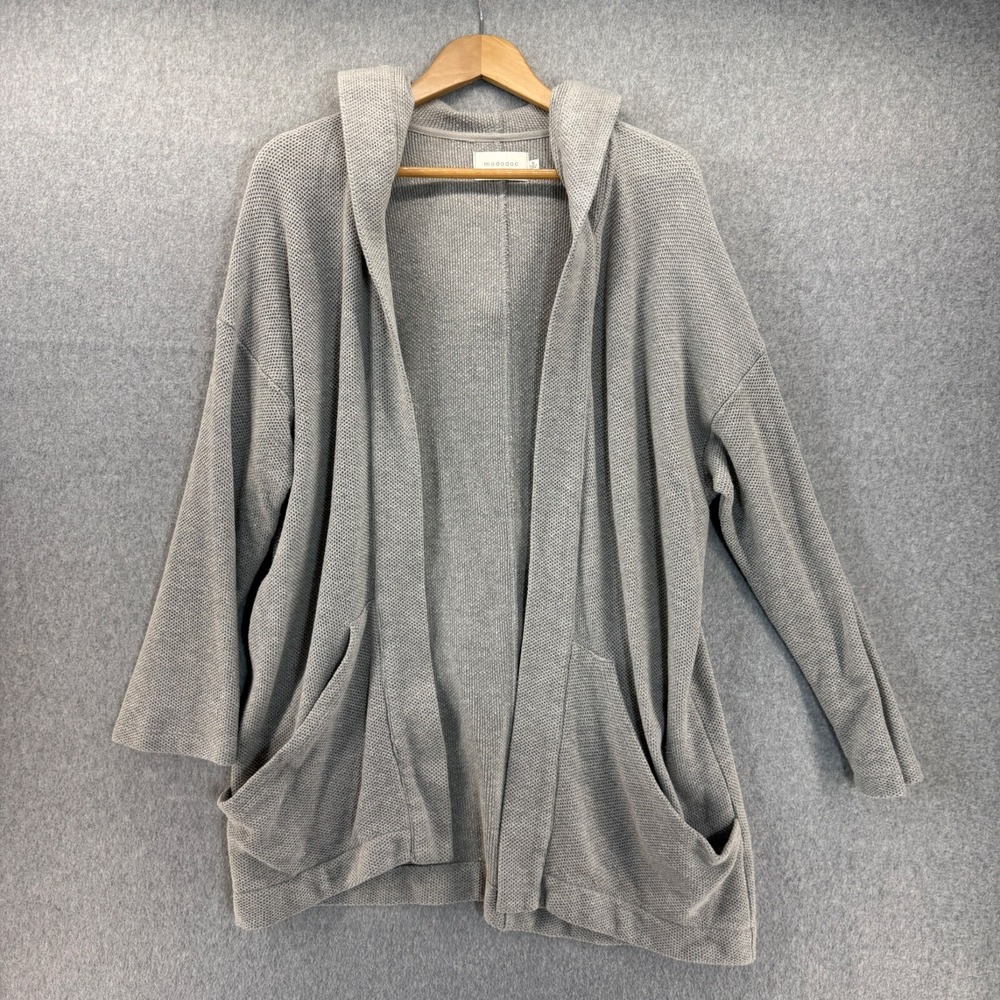 Mododoc Size Medium Hooded Cardigan Sweater Pockets Open Front Lounge Knit Gray